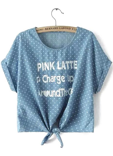 Romwe Polka Dot Knotted Denim Top