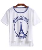 Romwe Dip Hem Eiffel Tower Print Hollow T-shirt
