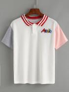 Romwe Striped Collar Contrast Sleeve Embroidered Polo Shirt - White