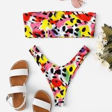 Romwe Random Pattern Color-block High Leg Bikini Set