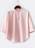 Romwe Stand Collar With Buttons Chiffon Pink Top