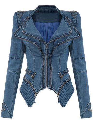 Romwe Lapel Zipper Asymmetrical Denim Blue Coat