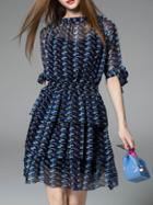 Romwe Blue Navy Ruffle Pleated Elastic-waist Dress