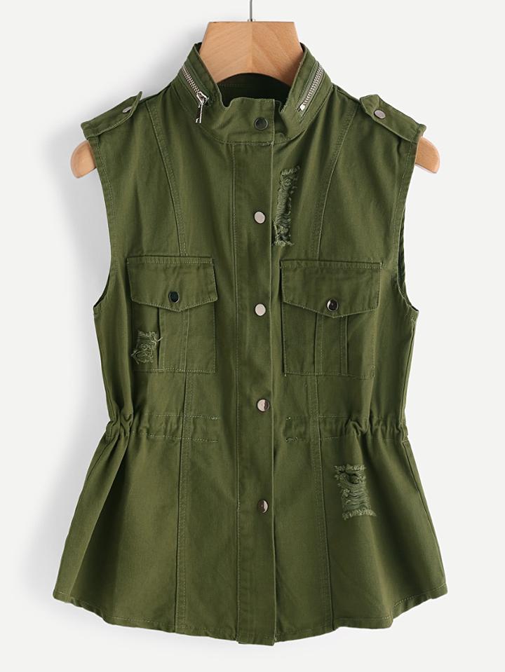 Romwe Zip Neck Distress Sleeveless Jacket