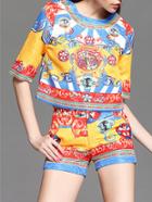 Romwe Multicolor Tribal Jacquard Top With Shorts