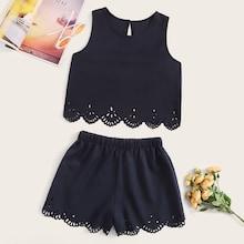 Romwe Solid Laser Cut Tank Top & Shorts