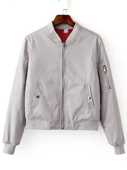 Romwe Grey Zipper Bomber Jacket With Arm Pocket