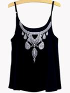 Romwe Black Embroidered Cami Top