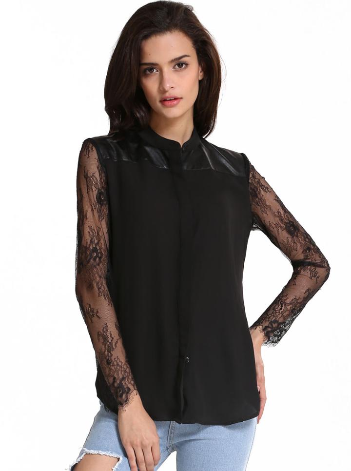 Romwe Black Contrast Lace Long Sleeve Blouse
