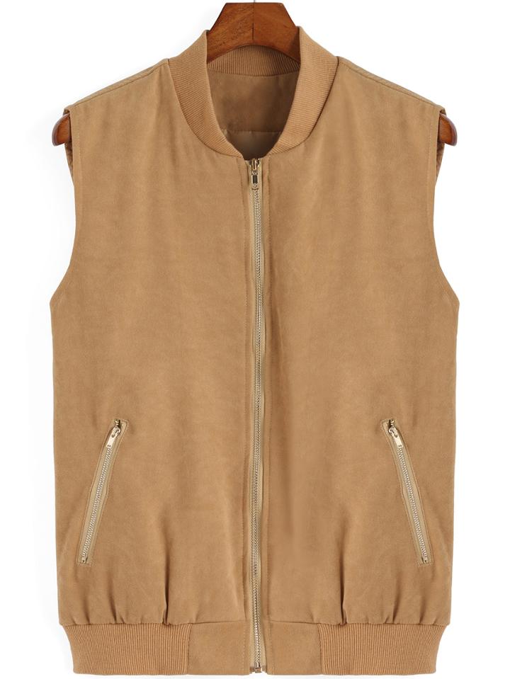 Romwe Stand Collar Zipper Khaki Vest