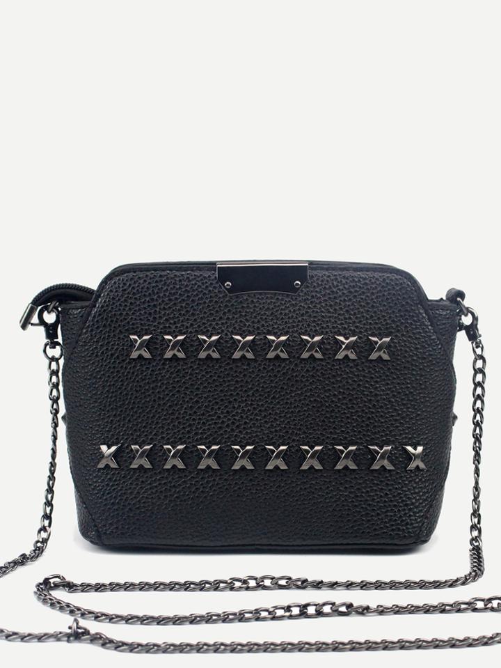 Romwe Black Pebbled Pu Zip Closure Studded Chain Bag