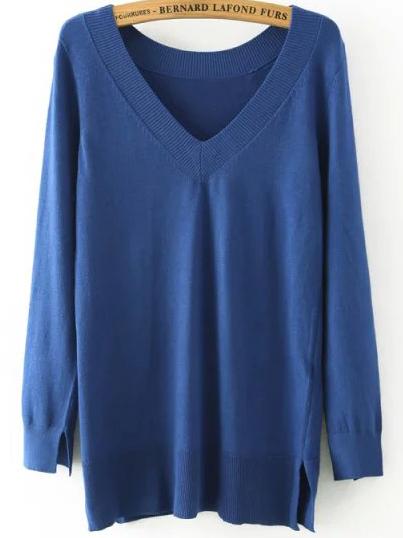 Romwe Chunky Knit Slit Back Blue Coat