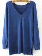 Romwe Chunky Knit Slit Back Blue Coat