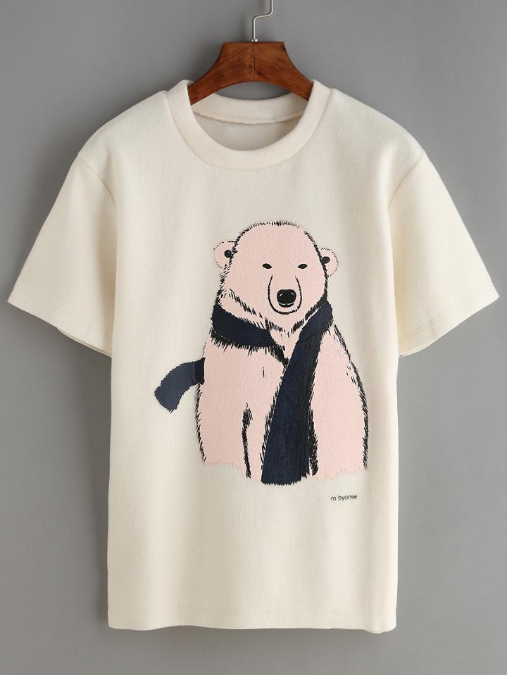 Romwe Bear Print Apricot T-shirt