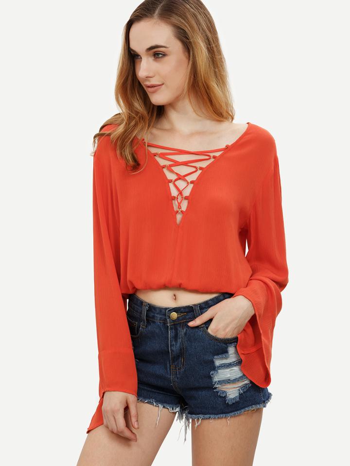 Romwe Red Crisscross Bell Sleeve Blouse
