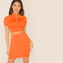 Romwe Neon Orange Mock-neck Zip Half Placket Top & Skirt Set