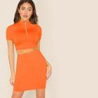 Romwe Neon Orange Mock-neck Zip Half Placket Top & Skirt Set