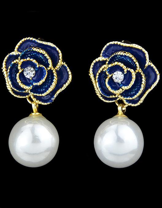 Romwe Blue Flower Pearl Gold Dangle Earrings