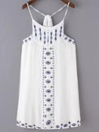 Romwe White Embroidery Spaghetti Strap Cotton Hemp Dress