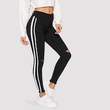 Romwe Button Waist Side Stripe Cut Out Jeans