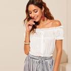 Romwe Frilled Off Shoulder Button Up Schiffy Bardot Top