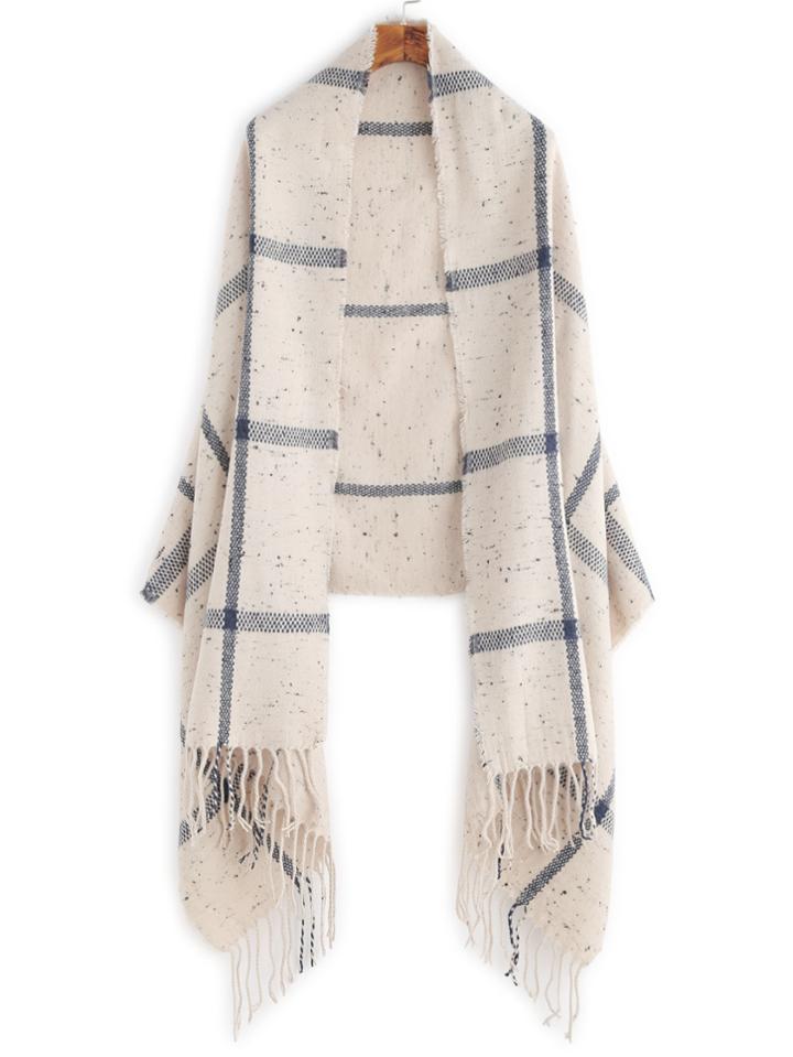 Romwe Beige Plaid Mottled Fringe Shawl Scarf