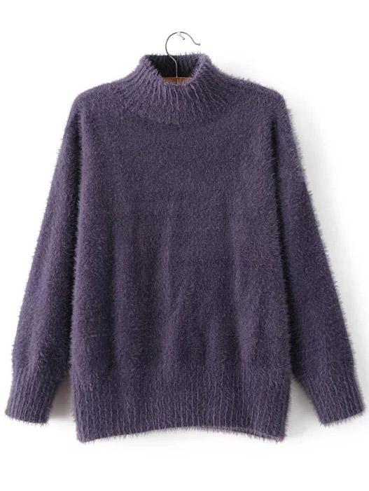 Romwe Purple Mock Neck Loose Sweater