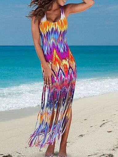 Romwe Multicolor Abstract Print Fringe Tank Dress