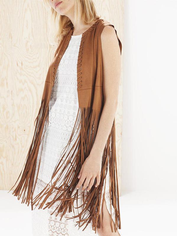 Romwe Suede Tassel Khaki Vest
