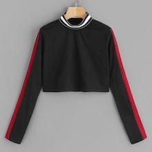 Romwe Striped Tape Neck Cut And Sew Tee