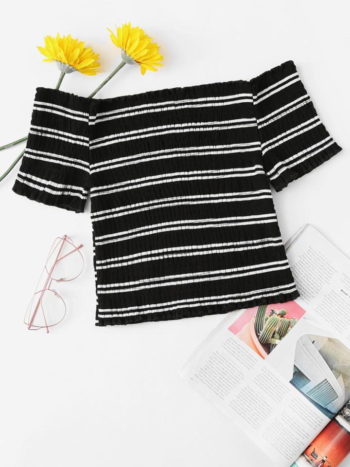Romwe Off Shoulder Striped Crop Tee