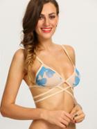Romwe Strappy Flower Print Bikini Top - Blue