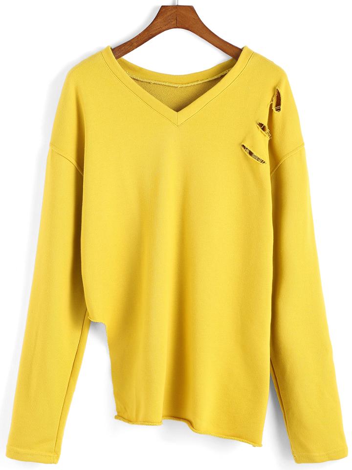 Romwe V Neck Ripped Asymmetrical Yellow Sweatshirt