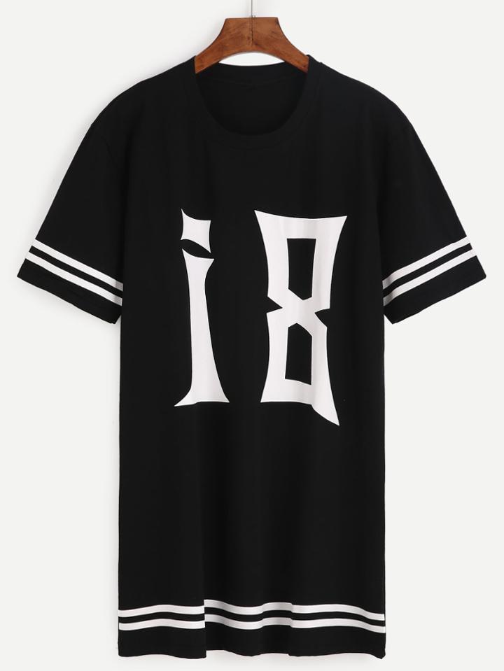 Romwe Black Number Print Varsity Striped T-shirt Dress