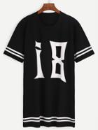 Romwe Black Number Print Varsity Striped T-shirt Dress