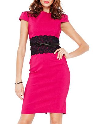 Romwe Contrast Lace Slit Sheath Rose Red Dress