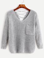 Romwe Pale Grey V Neck Lace Up Back Pocket Sweater