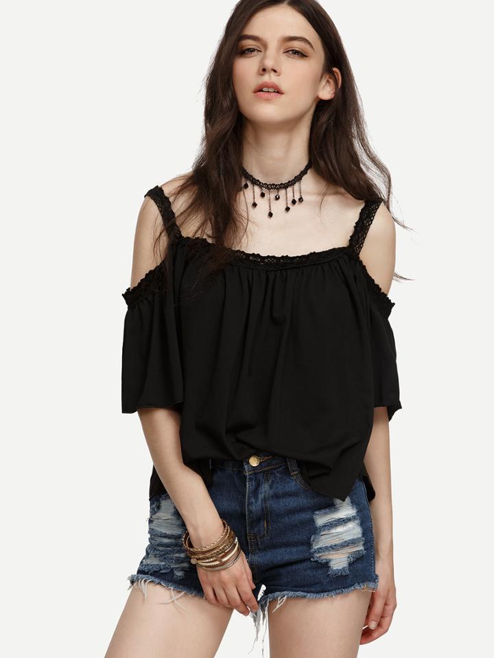 Romwe Black Lace Trim Cold Shoulder Top