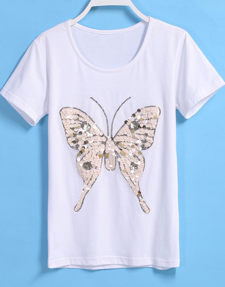 Romwe With Sequined Butterfly Pattern T-shirt