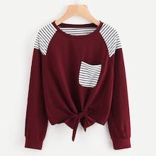 Romwe Bow Tie Front Stripe Panel Raglan Sweatshirt