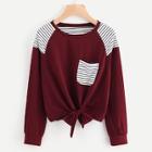 Romwe Bow Tie Front Stripe Panel Raglan Sweatshirt
