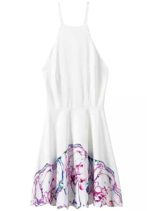 Romwe White Spaghetti Strap Floral Backless Dress