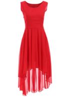 Romwe V Neck High Low Chiffon Red Dress