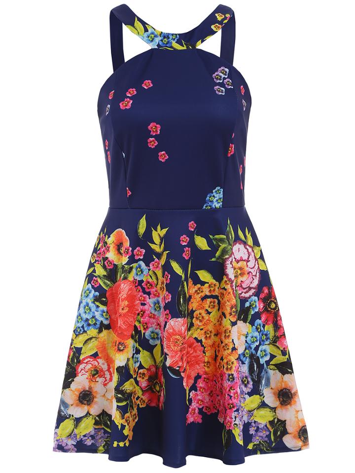 Romwe Halter Florals A-line Dress