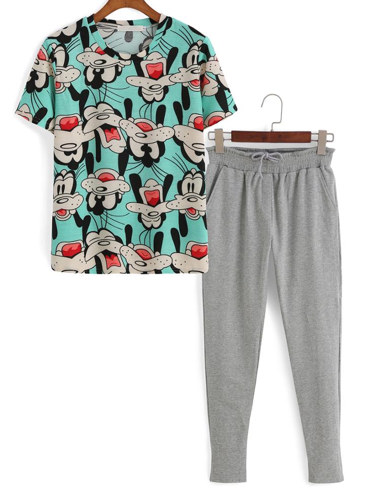Romwe Cartoon Print Top With Drawstring Beam Port Pant