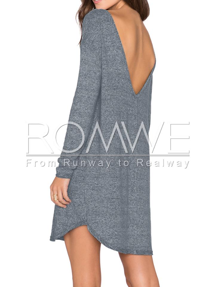 Romwe Grey Long Sleeve V Back Dress