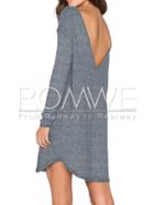 Romwe Grey Long Sleeve V Back Dress