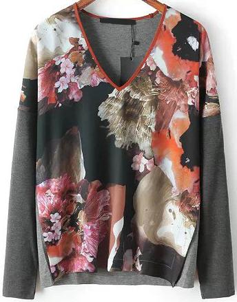 Romwe V Neck Orange Floral Print Blouse