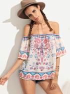 Romwe Beige Flower Print Off The Shoulder Top