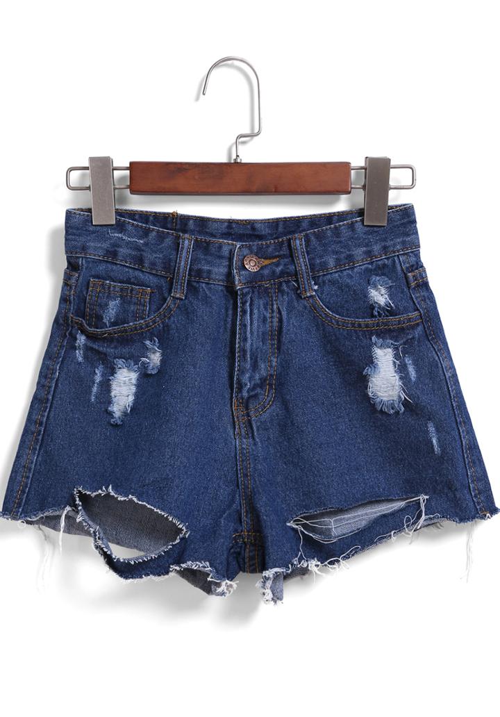 Romwe Navy Ripped Pockets Denim Shorts